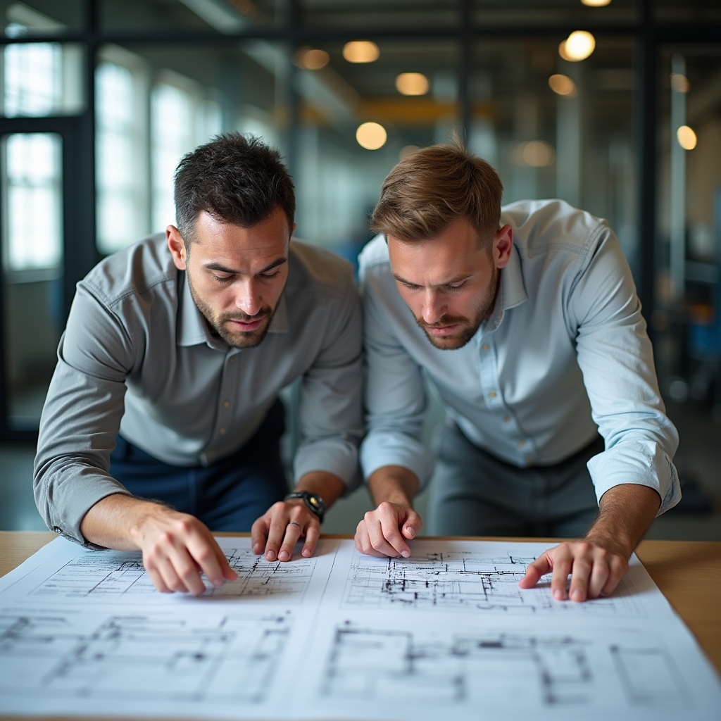 Инженеры изучают техническую документацию на производстве