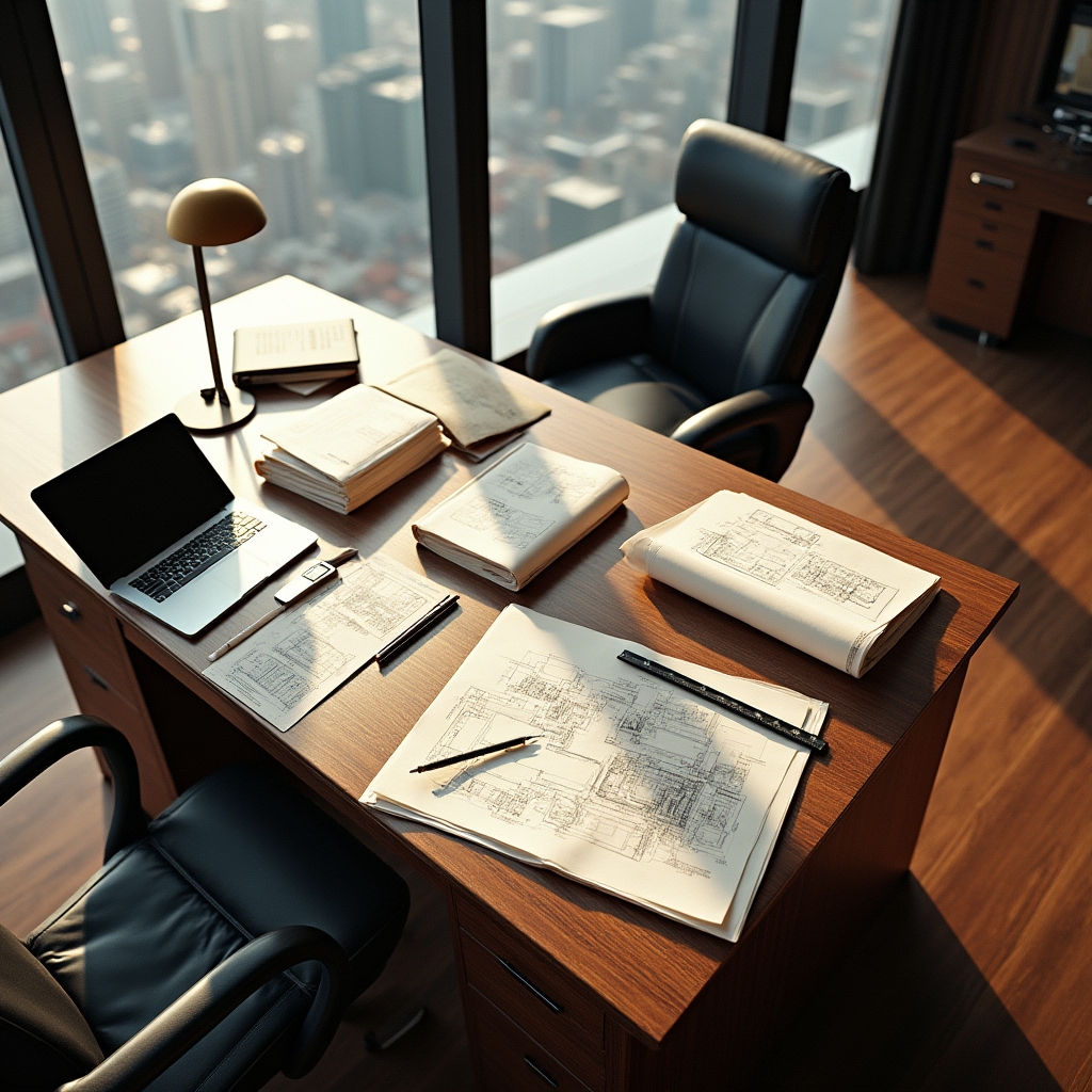 Рабочий стол с технической документацией для промышленного предприятия